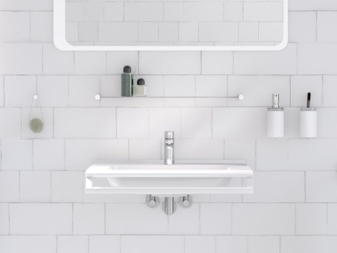 Modern washbasin situation with white matt sanitary accessories such as soap dispenser, towel rail and shelf