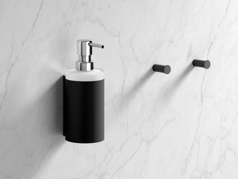 Soap dispenser and towel hook in the color black