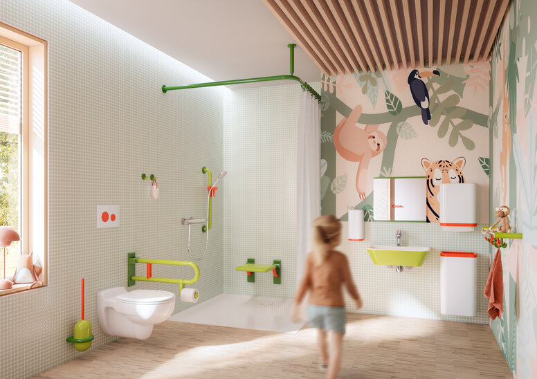 Colorful and child-friendly bathroom equipped with sanitary accessories in shades of green, white and coral