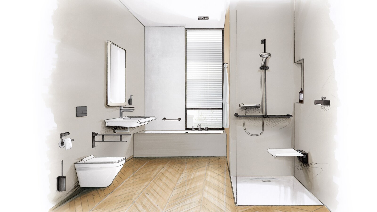 Skizze eines barrierefreien Bads mit Waschplatz, Duschbereich und WC ausgestattet mit HEWI System 900 in Schwarz